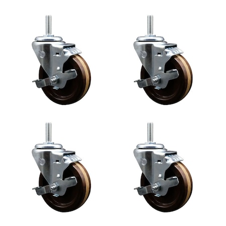 Service Caster 4 Inch High Temp Phenolic 34 Inch Threaded Stem Caster Set with Brake SCC-TS20S414-PHSHT-TLB-34212-4